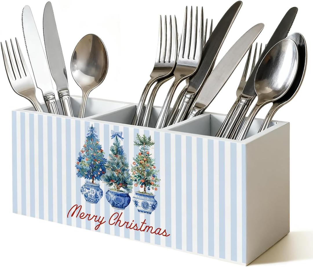 Chinoiserie Christmas Kitchen Utensil Holder, Xmas Tree Grandmillennial Cooking Utensil Holder Wooden Storage Organizer Box for Kitchen Counter, Blue and White Christmas Decor