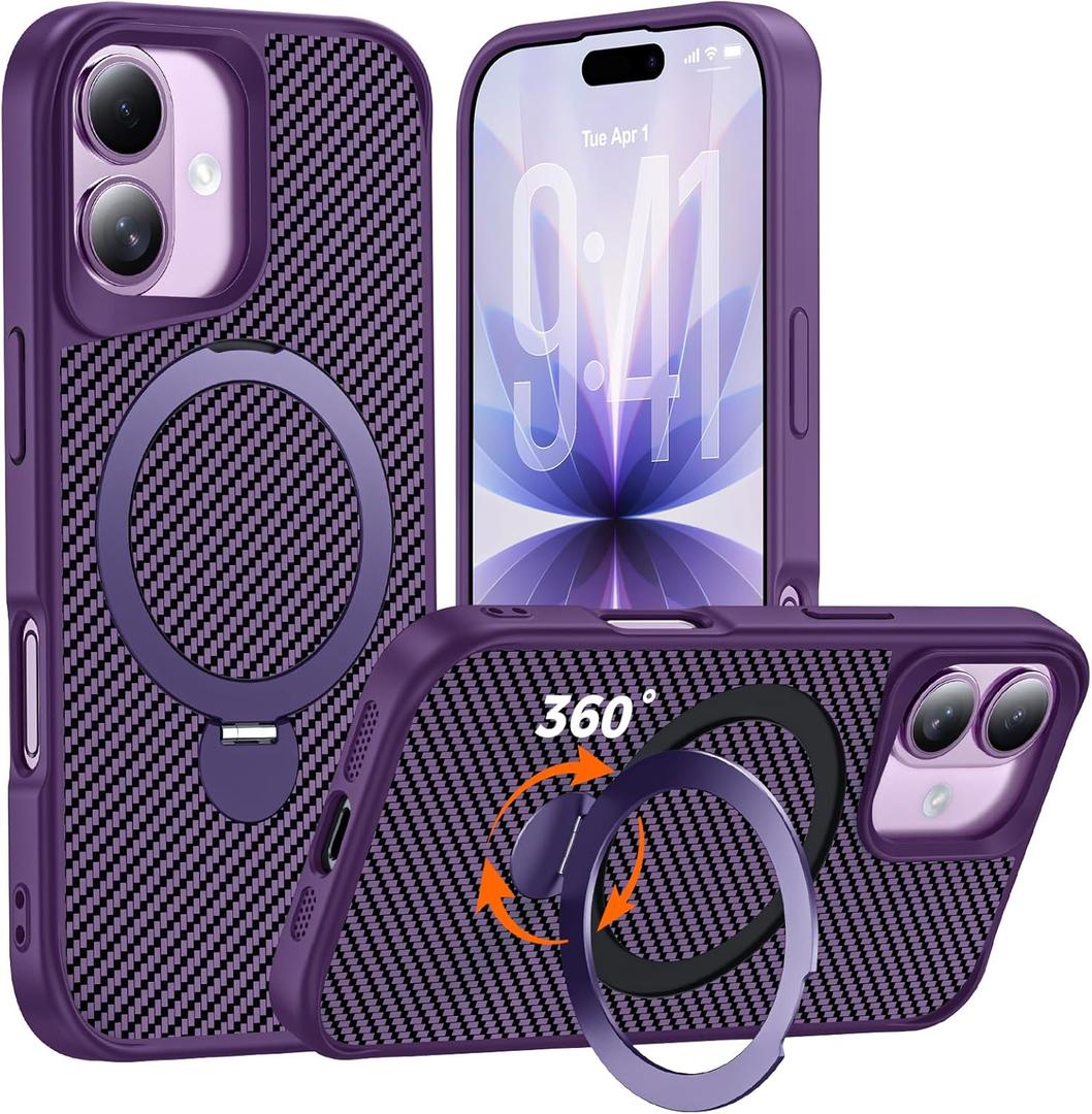 Designed for iPhone 17 Case with 360 Magnetic Stand, Carbon Fiber Phone Case [Compatible with Magsafe] [15FT Military Protection] with Stand Ring 6.3'', Deep Purple