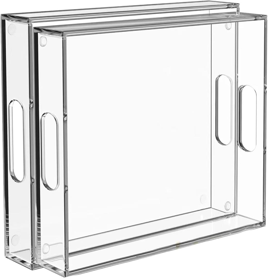 2 Pack Serving Tray with Handles, Clear Acrylic Tray for Serving Food, Large Outdoor Food Trays for Eating, Lucite Acrylic Trays for Appetizer, Pizza, Fruit and Drinks, Unbreakable, 16"x12"