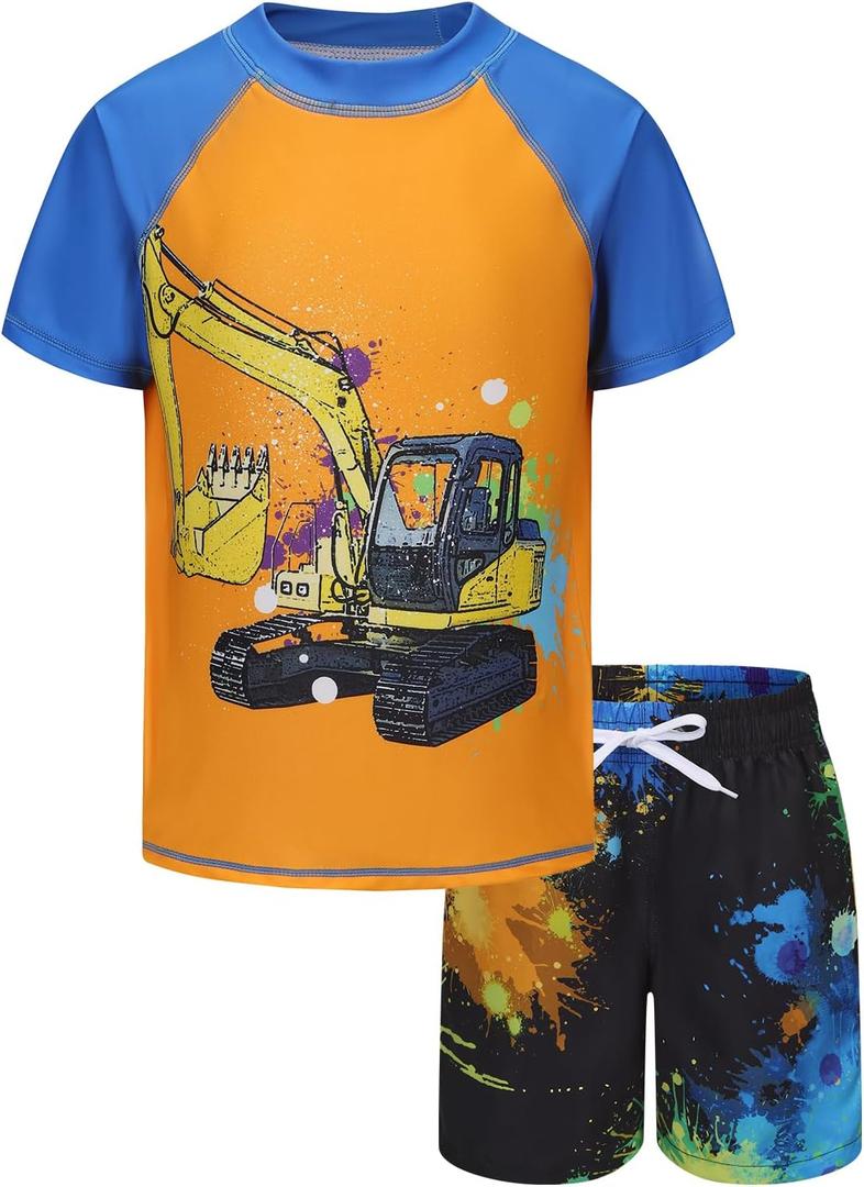 oys Rash Guard Swimsuits Set for Boys 2 Piece Short Sleeve Swim Shirts Quick Dry Bathing Suits with Trunks (Orange Excavator 4T)