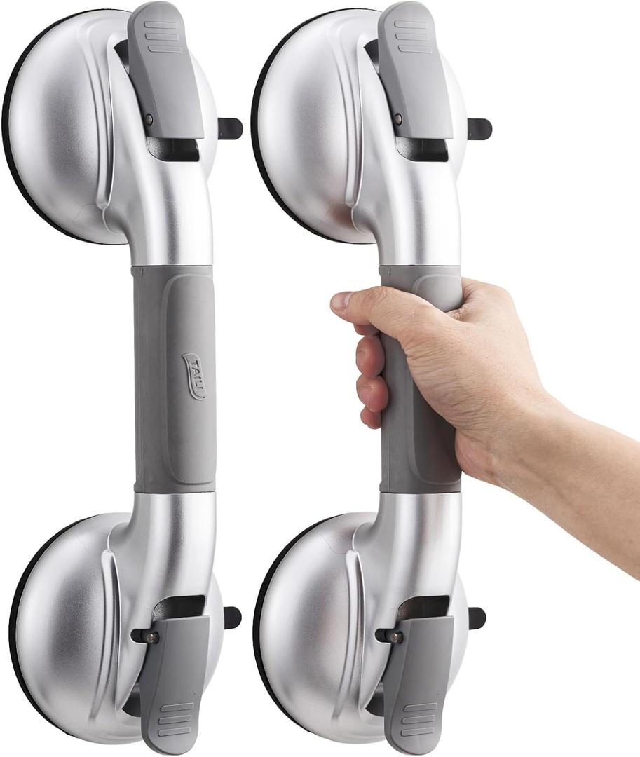 TAILI Grab Bars for Bathtubs and Showers,2 Pack Shower Handles for Elderly Suction, Maximum 330lbs,Shower Bar with Upgraded Rubber Suction Cups, Safety Grip for Senior, No Drilling Removable, Silver