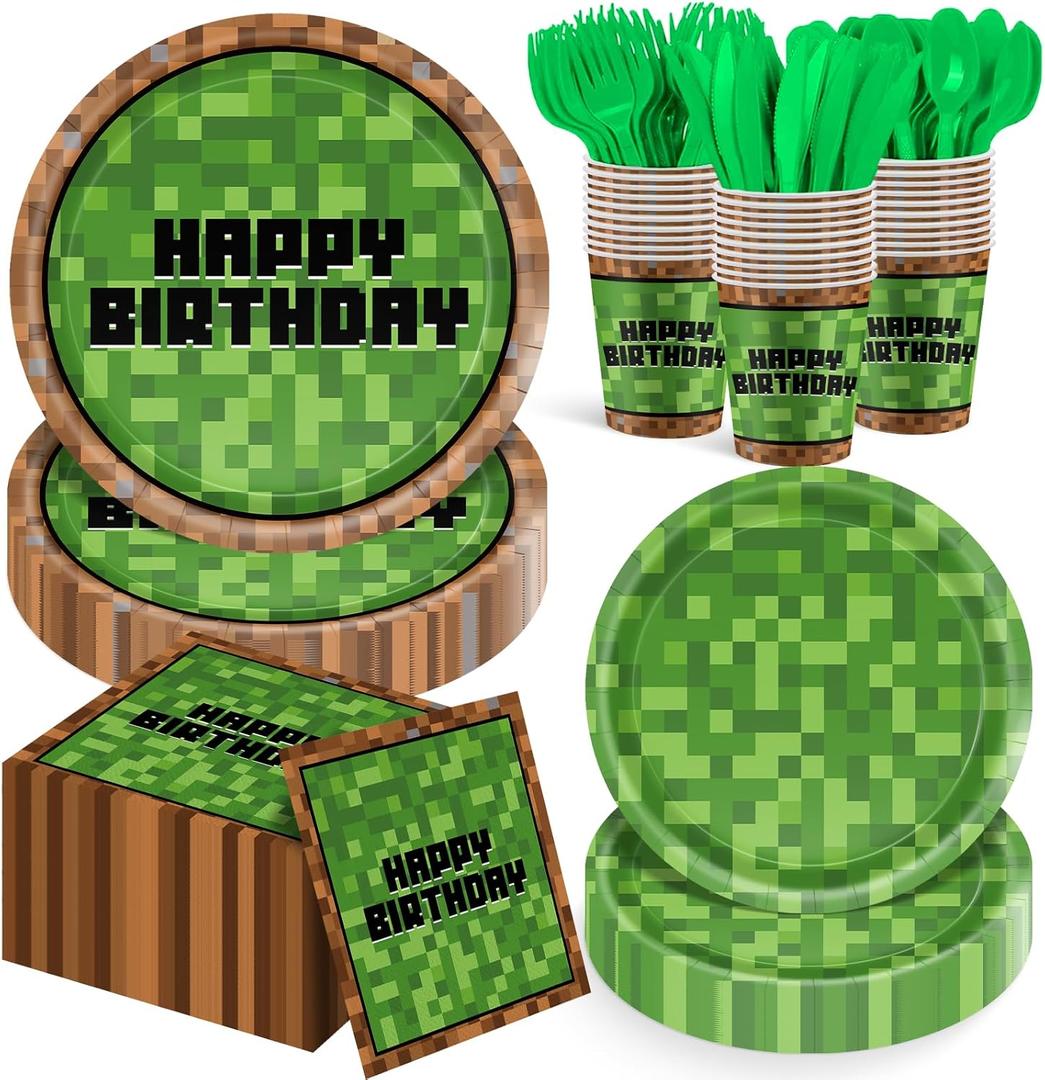 168Pcs Pixel Birthday Decorations, Includes Plates Napkins Cups Knives Forks Spoons, Pixel Party Decorations, Serve 24
