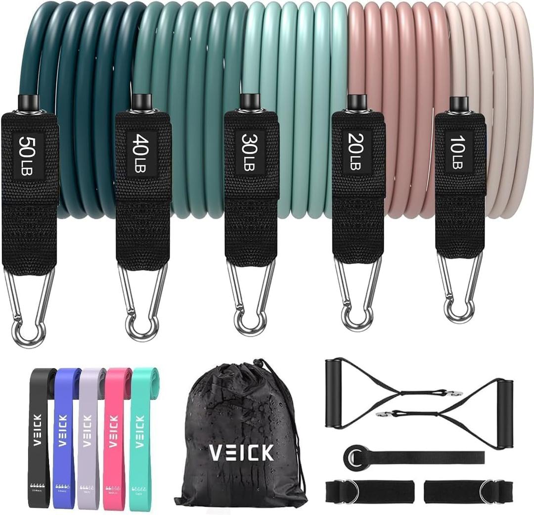 VEICK Resistance Bands, Exercise Bands for Working Out with Handles, Elastic Workout Bands for Men Women, Exercising Bands for Strength Training Equipment at Home Gym (Macaron 150LBS + Loop Bands)