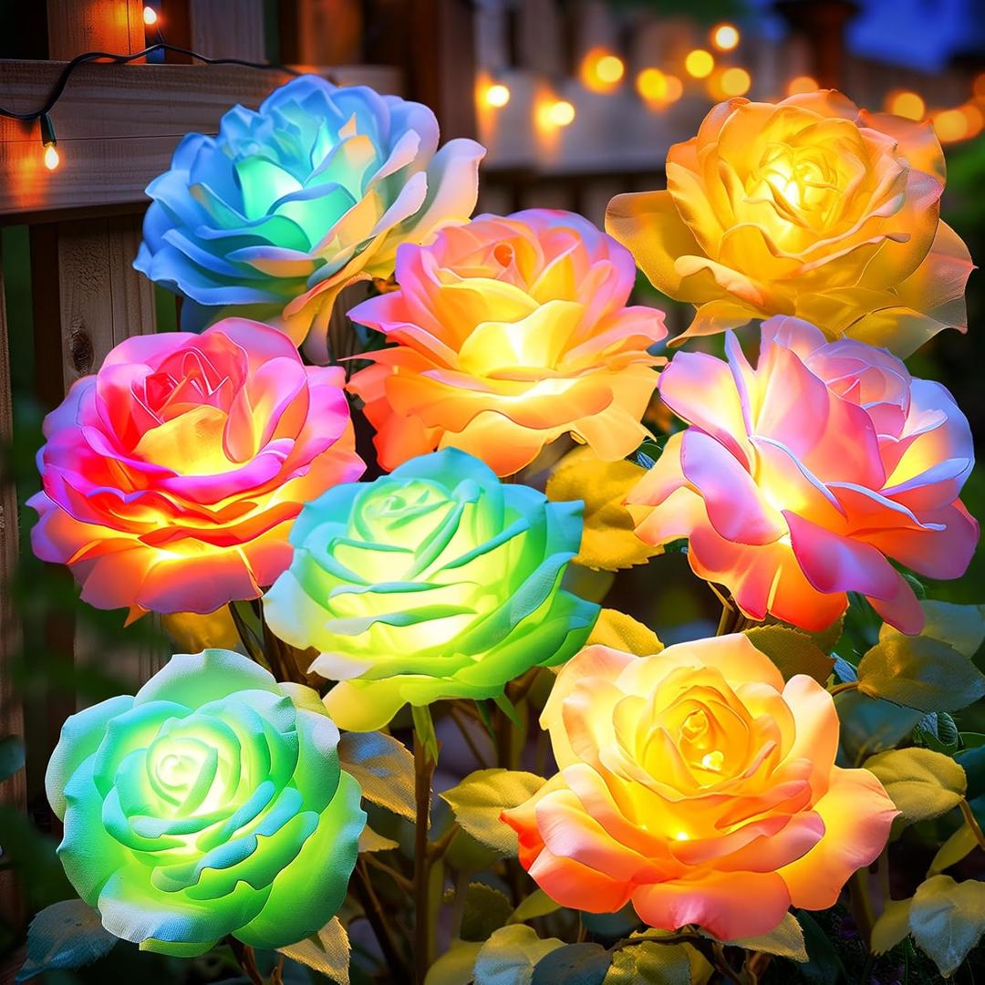 Solar Flower Lights Outdoor Waterproof: 4 Pack 7-Color Changing LED Rose Stake Decor for Garden Pathway Patio Lawn - Solar-Powered Artificial Blooms Spring Summer Yard Decorations Women Gifts 2026