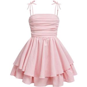 RoseSeek Girl's Flowy Cami Dress Ruched Sleeveless Pink Layered Ruffle Kawaii Short Smocked Summer Dresses, Size 10 Years 