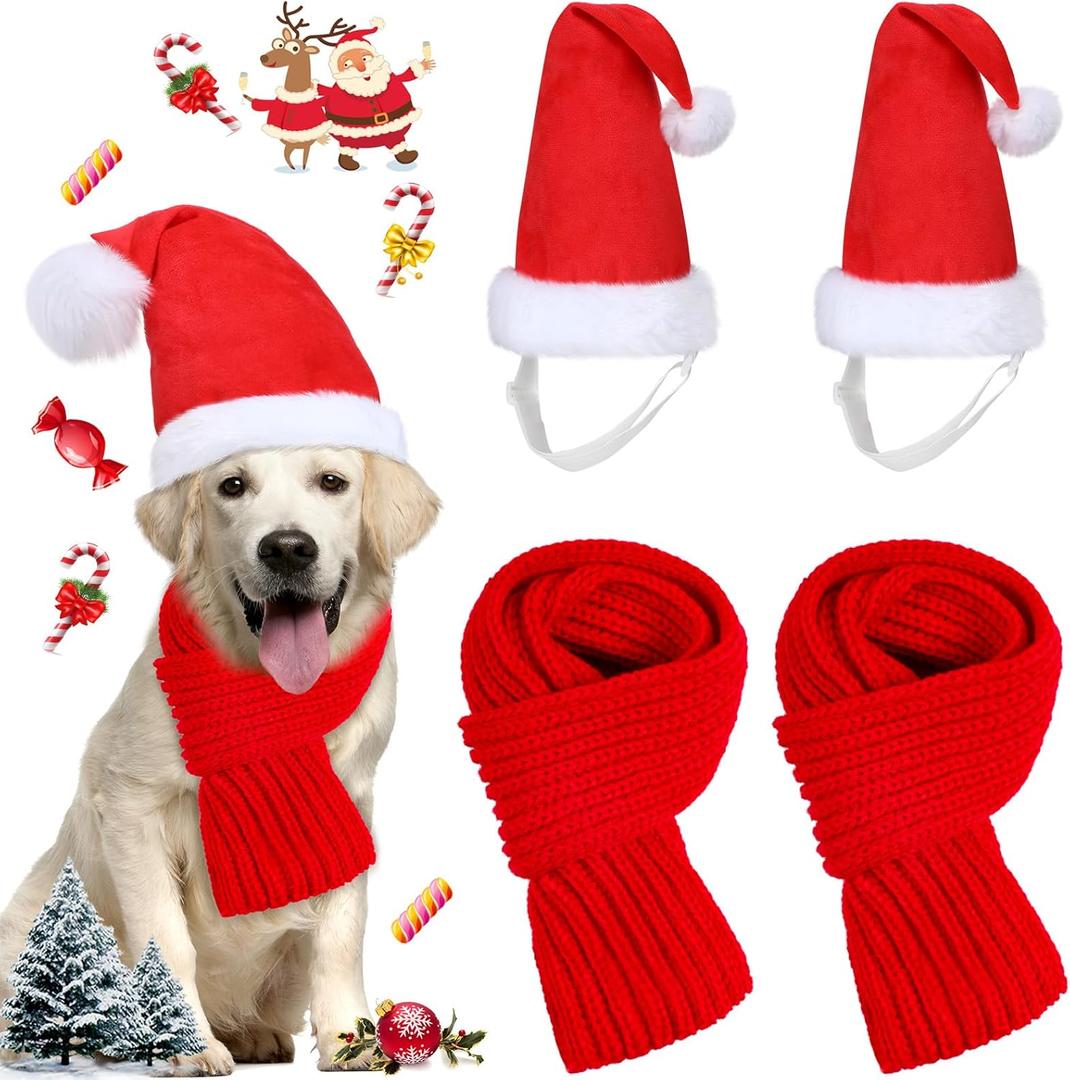 Sadnyy 4 Pcs Christmas Santa Hats with Scarf Set for Dogs Cat, Pet Christmas Costume Xmas Outfit Santa Claus Hat with Red Muffle Winter Puppy Costume for Small Medium Large Dogs Cat(Large)