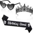 3 Pcs Birthday Ghoul Party Accessories Set Gothic Black Sparkling Diamond Crown Sash Death to My 20s/30s Sunglasses for Women Ghost Spooky Emo Bday Costume Gift Birthday Party Decoration