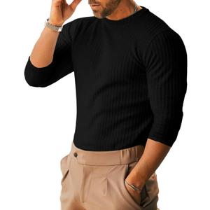 Men's Ribbed Knit T-Shirts Short Sleeve Casual Crewneck Slim Fit Textured Pullover Tees (Medium, B2 Black)