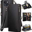 XcaseBar for iPhone 14 6.1" case with Zipper RFID Blocking Credit Card Holder, Flip Folio Book PU Leather Phone case Shockproof Cover Women Men for Apple 14 Wallet case Black