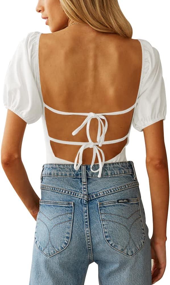 oten Women's Sexy Backless Puff Sleeve Square Neck Tie Back Bodysuit Tops (Large, 00-white)