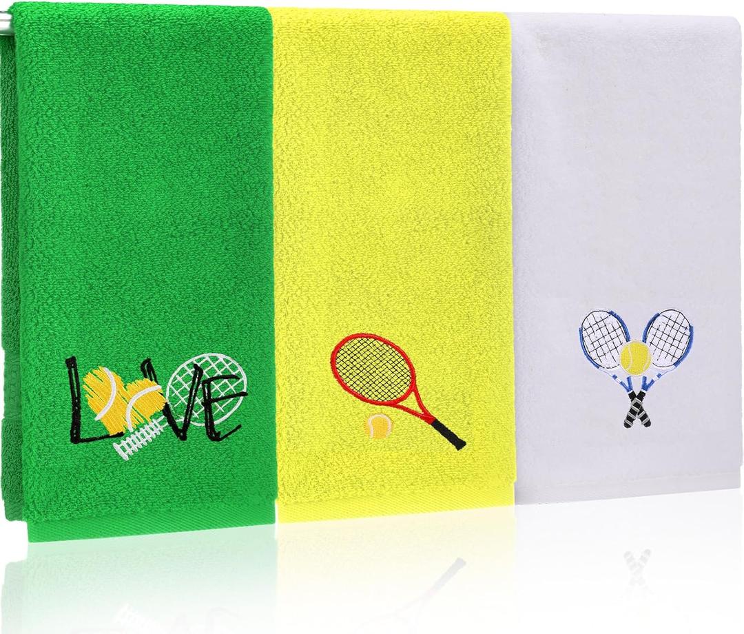 Mindsoft 3pcs Tennis Hand Towels Cotton Embroidered Racket Love Bathroom Towels for Women Men Cotton Absorbent Soft Kitchen Towel Tennis Lover Gift for Player Team Sports, 14 x 29 Inch (Green, White, Yellow)