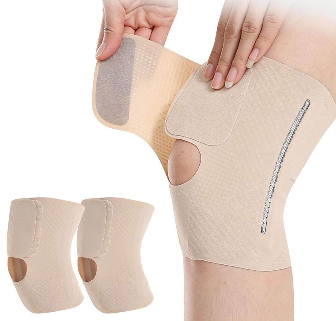 Ultra Thin Knee Brace for Women Men with Side Stabilizers, 2 Pack Knee Braces for Knee Pain ACL MCL Arthritis Joint Pain Relief, Adjustable Compression Sleeve Patellar Tendon Support Strap, Rodilleras Para Dolor de Rodillas (Beige, Medium)