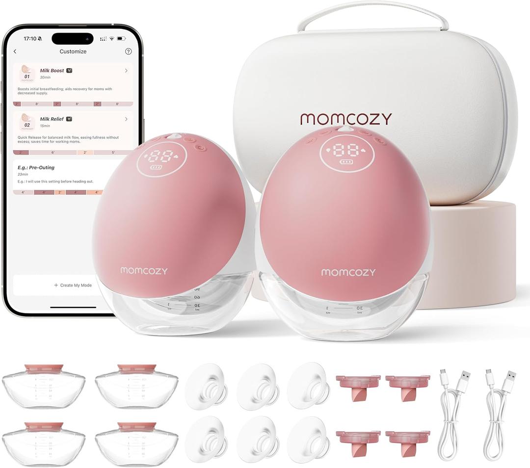 Momcozy Breast Pump Hands Free Upgraded Mobile Flow | M9, App Discreet Control with Personalized Multi-Modes & 15 Levels, Wearable Breast Pump 24mm, 2 Pack Cozy Red