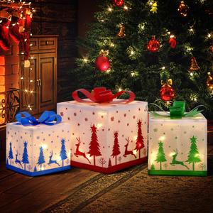 DomKom Set of 3 Lighted Gift Boxes, 60 LED Light Up Nesting Boxes with Metal Frame, Reindeer & Snowflake Design for Xmas Tree Party Indoor Outdoor Holiday Decorations