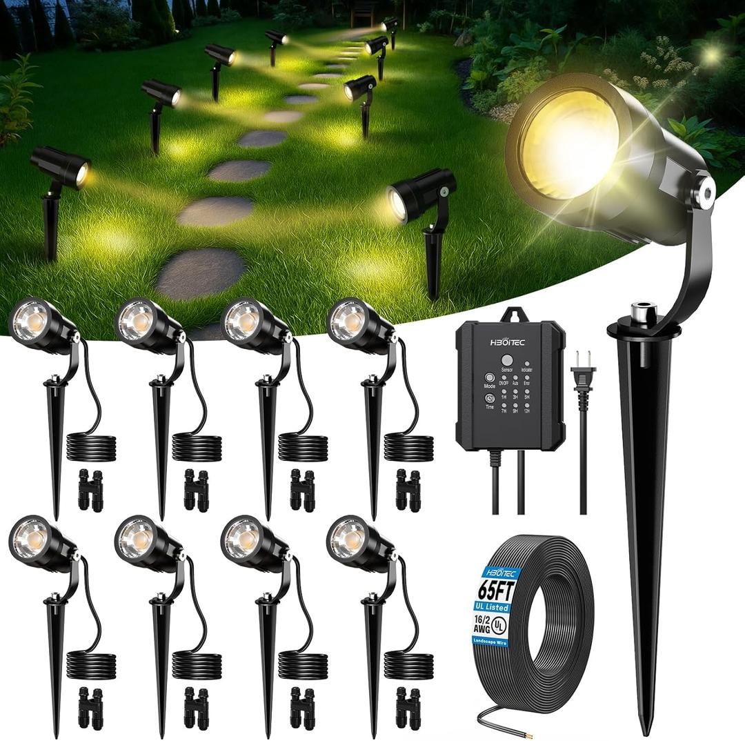 HIBOITEC All-in-One Low Voltage Landscape Lighting Kit, 5W LED Landscape Lights with Transformer and 65FT Wire, Waterproof Outdoor Spot Lights for Pathway Yard Garden, 2700K, 8 Packs (Warm White)