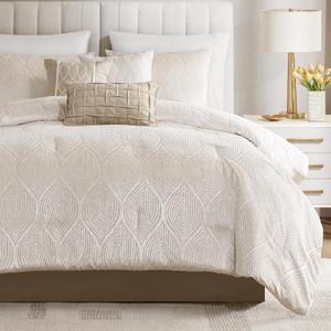 Madison Park 7-Piece Velvet Comforter Set, Jacquard Bedding Sets for All Season, Includes Comforter, Bed Skirt, Pillow Shams and Decorative Pillow, Queen/King/Cal King, Nocturne, Champagne | All Season
