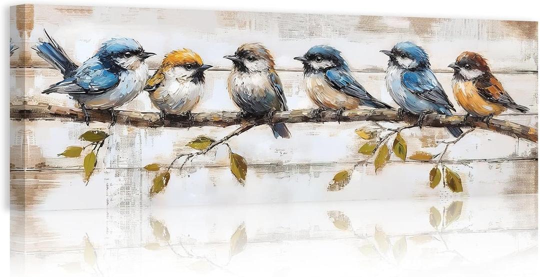 ARTZGX Bird Canvas Wall Art Colorful Birds on Branch Pictures Wall Decor Rustic Sparrow Artwork Painting for Living Room Decor Frame(White 8L x 24W)