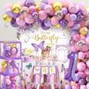 Butterfly First Birthday Decorations for Girl Pink Purple Butterfly 1st Birthday Party Decoration Supplies Include Balloon Arch Balloon Boxes Backdrop Tablecloth Birthday Hat