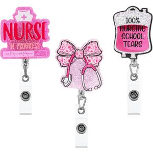 3pcs Student Nurse Badge Reels Bundle Set, Nursing Student Badge Reel, Retractable Pink Badge Reel Nurse Funny ID Card Name Tag, RN CNA Ipn MA Medical Assistant Gifts Supplies