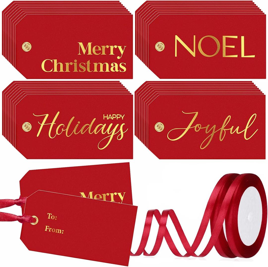 100 Pcs Merry Christmas Name Tags for Gifts Christmas Tags with String Gold Foil Elegant Present Tag Paper Holiday Labels for Xmas Gifts Wrapping Presents DIY Craft(Red,Gold)