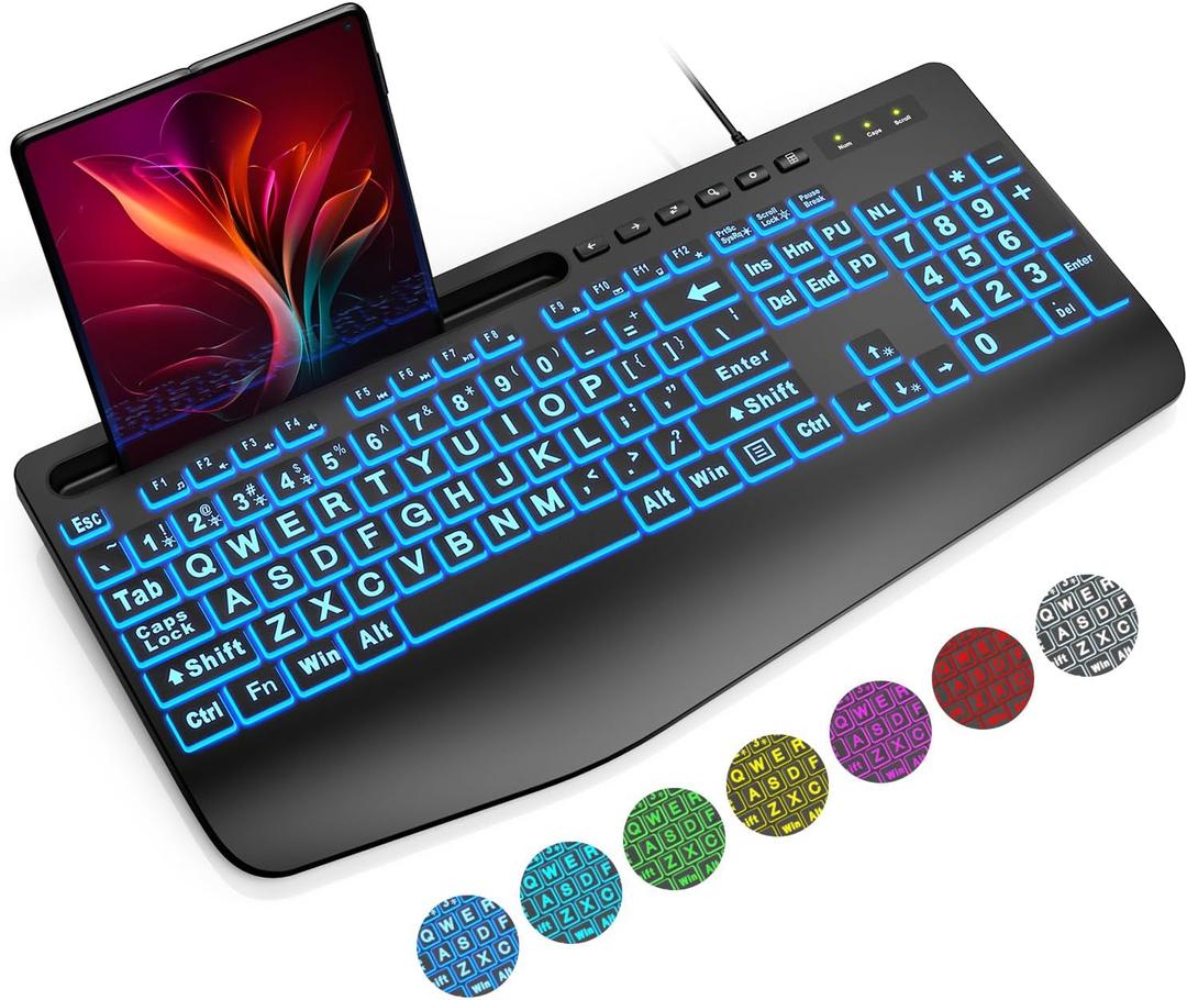 SABLUTE Large Print Backlit Keyboard, Wired USB Computer Keyboards with 7-Colors Backlight, Wrist Rest, Phone Holder, Oversized Letter Keys Easy to See and Type for Laptop, PC, Windows, Black