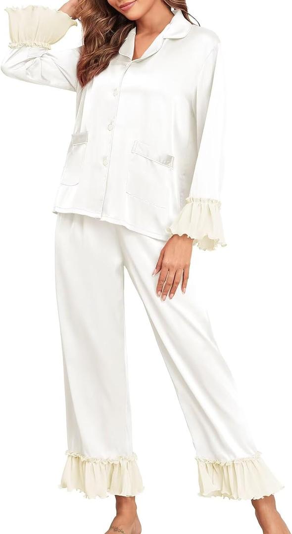 Brosloth Womens Silk Satin Button Up Pajamas for Women Soft Comfy Long Sleeve 2 Piece Loungewear Set Sleepwear (XXL)