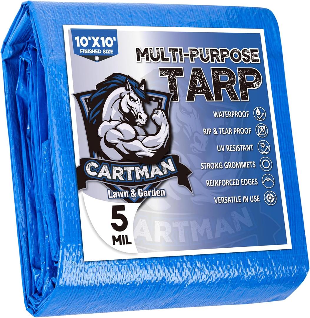 CARTMAN Finished Size 10x10 Feet Blue Poly Tarp 5 Mil Thick, Multipurpose Protective Cover for Camping, Tent, Boat, RV, Car