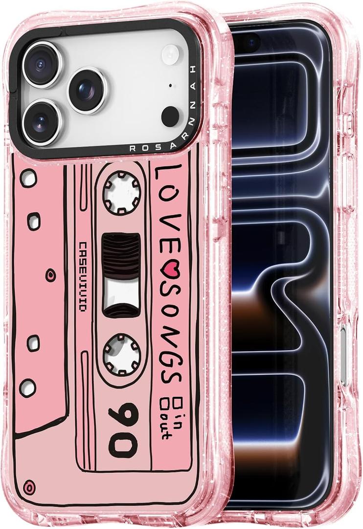 for iPhone 17 Pro Case Cute - Military-Grade 20 ft Drop Protection Shockproof Phone Case - Funny Cassette Tape Design (6.3") Glitter Pink