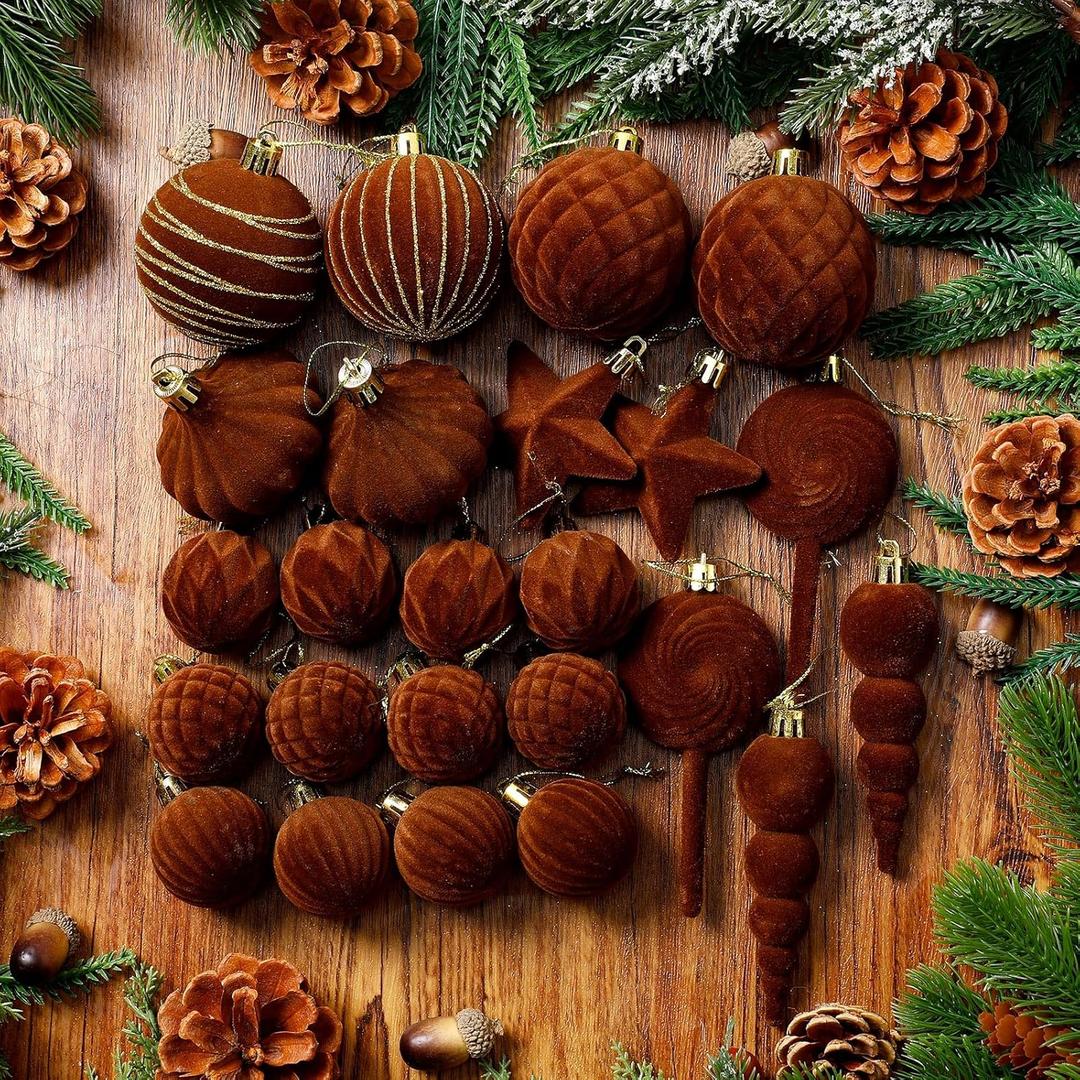 24 Pcs Small Brown Velvet Christmas Ornaments Ball Set Shatterproof Christmas Tree Decorations Assorted Flocked Xmas Baubles Decorations Xmas Holiday Party Wedding Decor