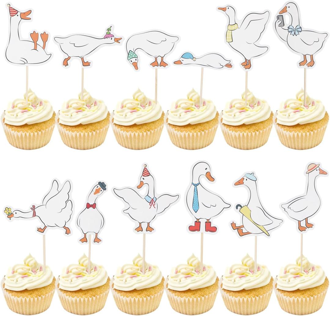 Tinoaly 24 Pcs Silly Goose Cupcake Toppers, Cute White Goose Birthday Cake Decorations for Kids Birthday Party Supplies Baby Shower Animal Theme Cake Decor