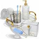 6 Pcs Bathroom Accessories Set, Clear Glass Bathroom Soap Dispenser Set with Toothbrush Cup, Vanity Tray, Cotton Swab Jar Makeup Cotton Jar, Bathroom Accessory Set Gifts for Women Home Apartment Decor