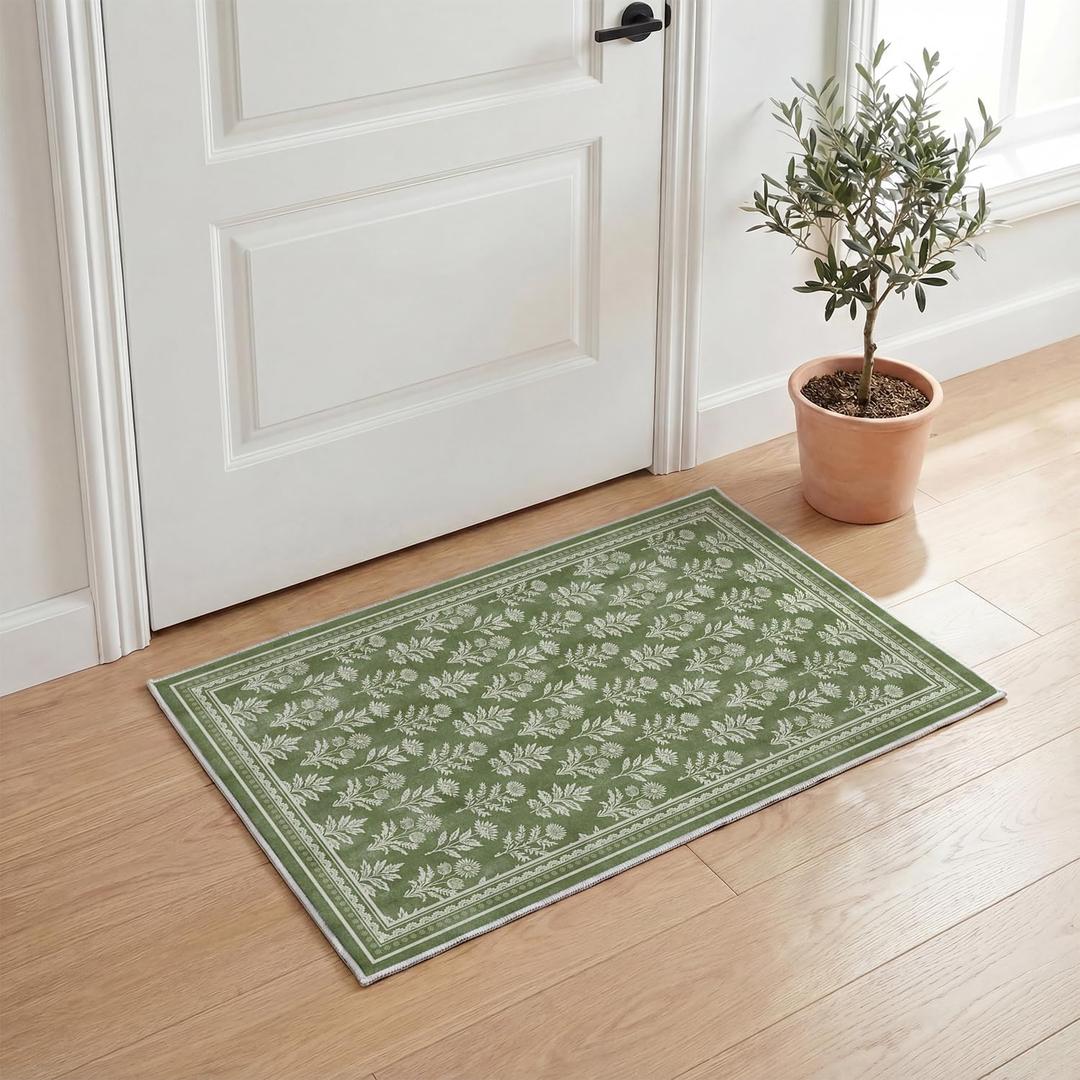 Artoid Mode Green Rustic Floral Spring Door Mat, Summer Home Decor Low-Profile Non-Slip Washable Throw Rug for Kitchen Entryway Front Door Bedroom Bathroom 2x3 Feet