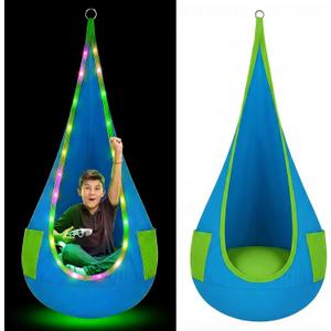 Light up Kids Pod Swing Seat, Hanging Hammock Swing Chair with LED Lights & Inflatable Pod Hanging Chair Sensory Hammock for Kids Bedroom Indoor Outdoor Max 100 Lbs(Blue)