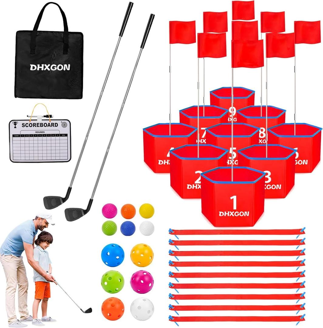 Backyard Golf Game with 2 Clubs, Portable 9 Hole Golf Course, Outdoor Yard Golf Chipping Game for Family and Adults, Beach, Park, Lawn, Field Day Reunion Party Games (Red)