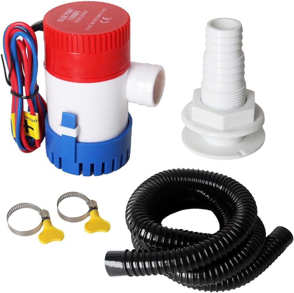 12v 1100GPH Boat Bilge Water Pump, 1-1/8 Inch Dia Boat Bilge Pump Hose Kit, 6.5 FT Kink-Free PVC Hose, 2 Stainless Steel Clamps and ABS Thru-Hull Fitting (Five-Piece)