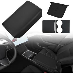 Tinlucys Center Console Protector Cover Designed for Tesla Model 3/Y 2021-2024(Not for Model 3 Highland),TPE Armrest Cover,Center Console Wrap Cover,Waterproof Wireless Charger Silicone Mat(Black Set)