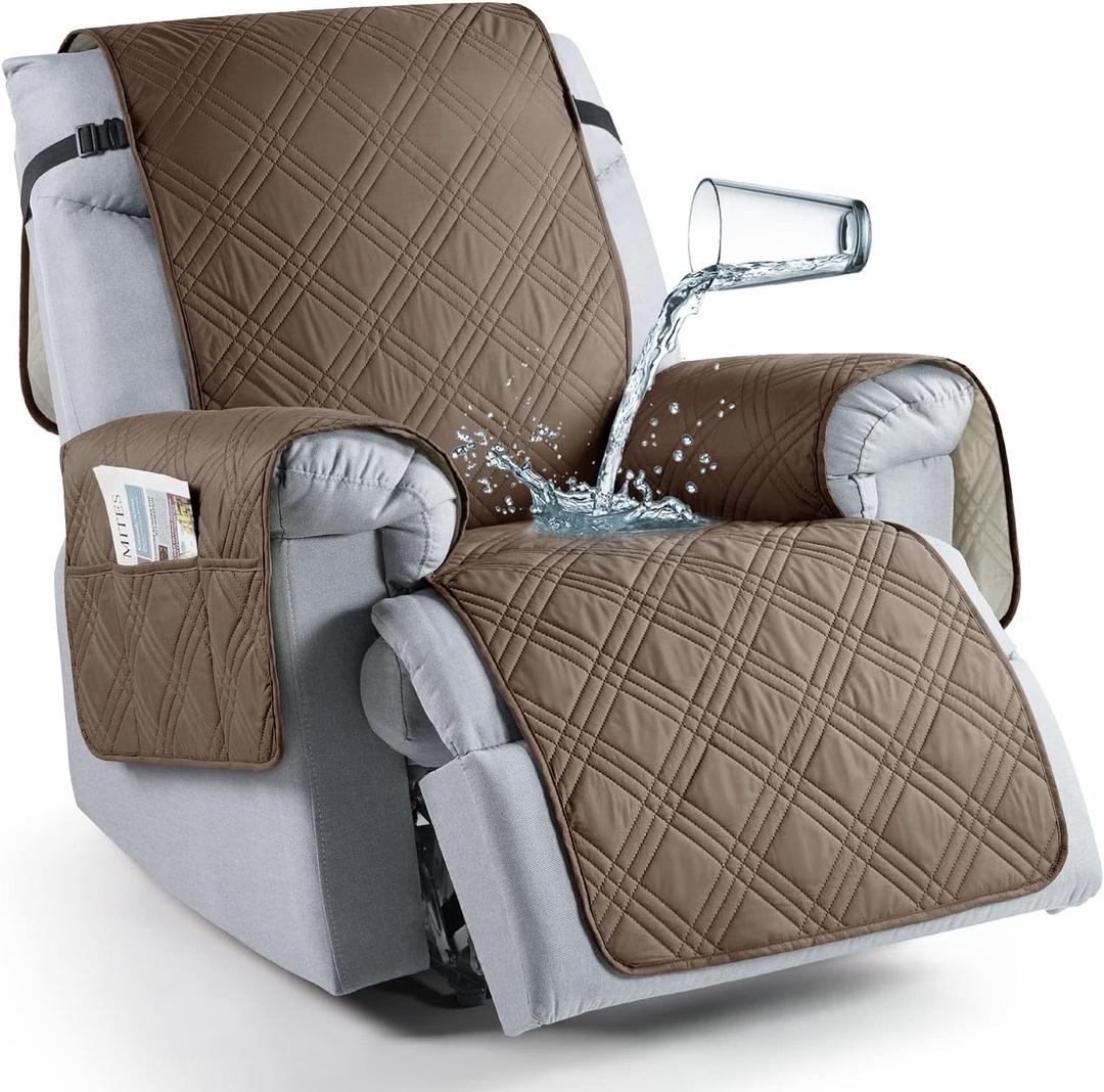 TAOCOCO 100% Waterproof Recliner Chair Cover, Small Recliner Covers for Recliner Chair with Pocket, Non Slip Reclining Chair Cover Furniture Protector for Kids, Pets(20'', Taupe)