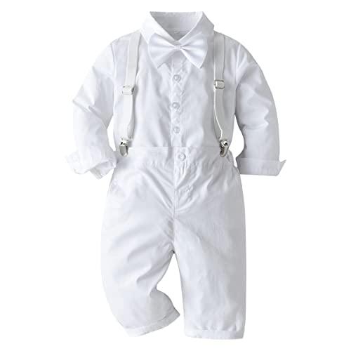 Baptism Christening Outfits for Boys Baby Clothes Sets Toddler Boy Outfit Gentleman Suits 3pcs Striped Bow Tie Shirts Suspenders Pants Birthday Formal Wedding Party Dress Suit # All White 3-4 Years