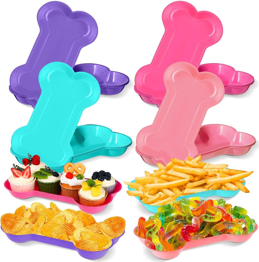 Nitial 60 Pcs Dog Bone Shaped Serving Trays, Plastic Dog Birthday Decorations Colorful Pet Patrol Plates Food Bowls Disposable Tableware Party Supplies(Sweet Color)