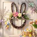Suncalla 15.7 Inch Easter Bunny Wreath for Front Door Easter Rabbit Wreath Decoration with Pastel Egg Spring Door Garland with Peony Flower Mixed Twig for Home Indoor Outdoor Window Wall Party Decor