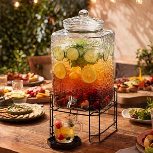 1 Pack 5 Gallon Drink Dispenser for Parties, Hammered Glass Beverage Dispensers with Stand, Stainless Steel Spigot and Drip Trays, Water Jar Jug for Lemonade, Juice, Party Drinks (Clear)