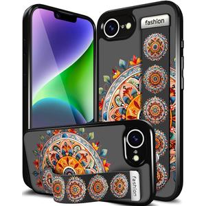 Compatible for iPhone 16e Case Cute with Strap Stand Finger Kickstand, Designer Cool Silicone Cases Funda Cover - Orange Flower Mandala