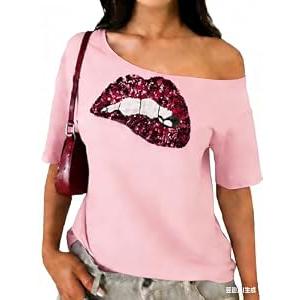 Women's Off Shoulder Tops Sequin Y2k Tops 2026 Spring Tshirts Skeleton Graphic Tees 80s 90s Outfits Going Out Clothes, Pink Small