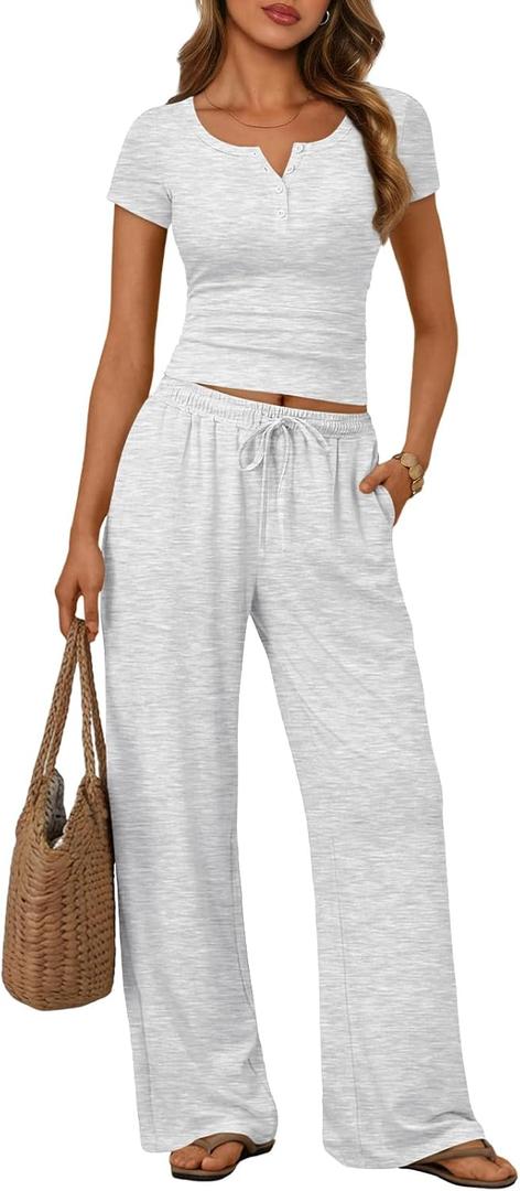 Trendy Queen Women's 2 Piece Matching Lounge Sets Summer Henley Neck Slightly Crop Top Wide Leg Pants Casual Sweat Suit (Large, Oatmeal Grey)