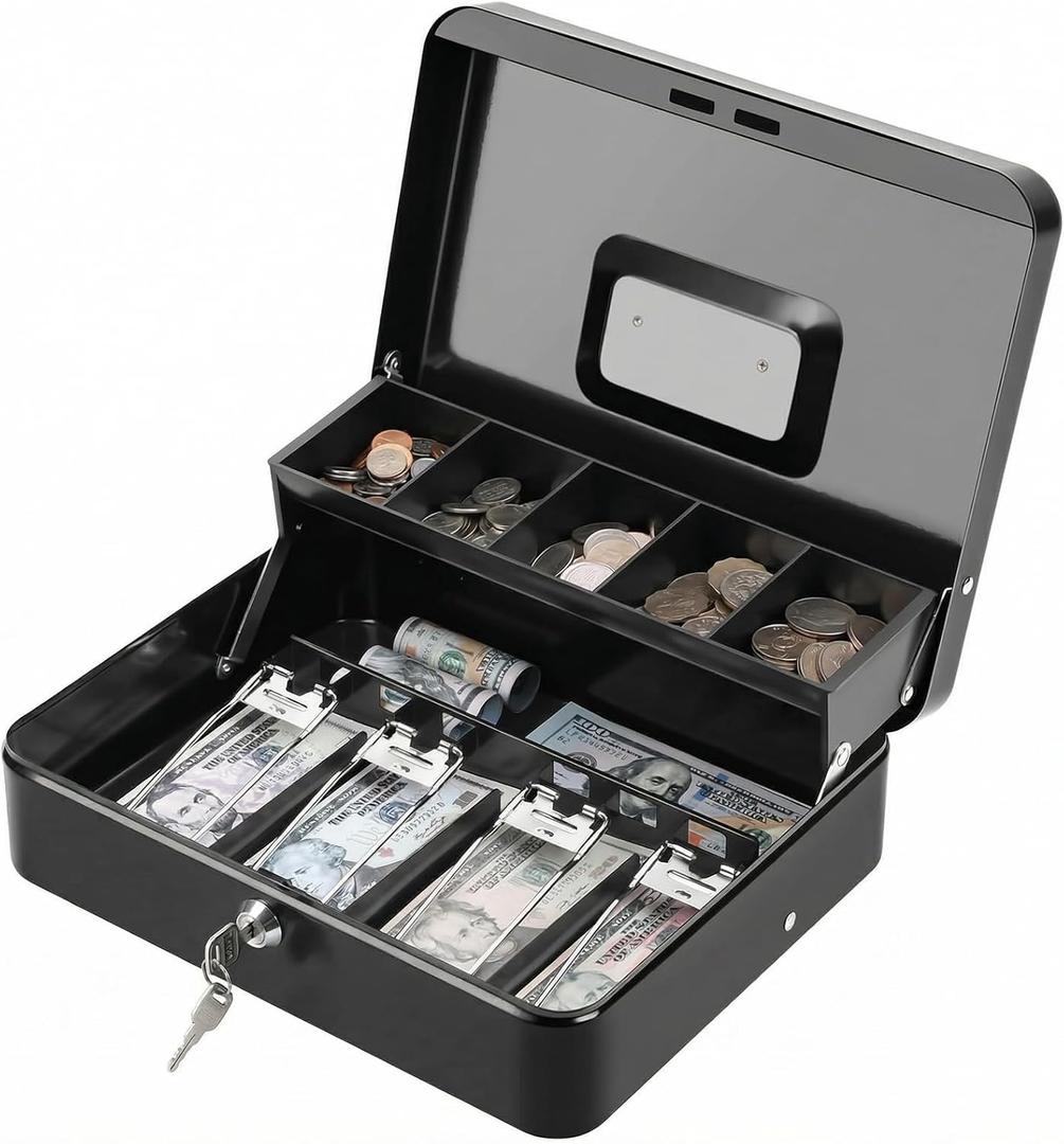 KYODOLED Cash Box with Key Lock, Metal Cash Drawer with Auto-Pop Coin Tray & Hidden Storage, Portable Money Box with Windproof Bill Clips for Small Business Yard Sales, 11.8x9.45x3.54 Inch, Black