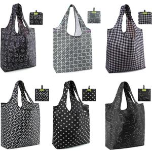 BeeGreen Reusable Shopping Bags for Groceries Reusable Gifts Bag - Grocery Bags Foldable 6 Pack Cute Holiday Cloth Bags With Handles - Large Tote Bag Bulk Heavy Duty Polyester Washable Geometry (Black Dots, Gray Geometry)