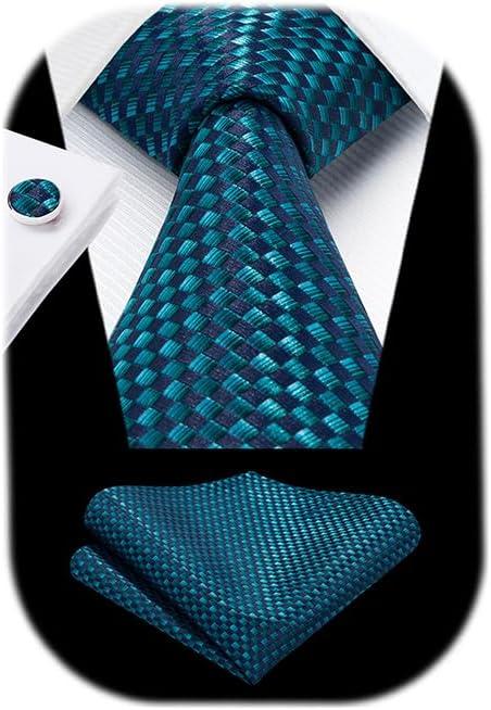 HISDERN Mens Solid Ties Formal Business Woven Tie and Pocket Square Cufflinks Set Classic Silk Satin Necktie Wedding (J7-teal)