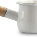 0.6qt Mini Enamel Milk Pot Insulated Wooden Handle 2 Pour Spouts Small Food Warmer Cute Saucepan(D015,White)