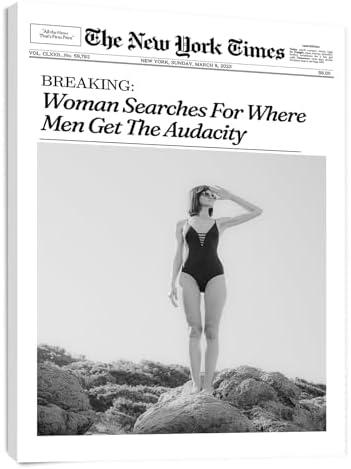 Aroutde Black and White NewsPaper Canvas Wall Art Framed Trendy Coastal Girl Wall Decor Woman Searches For Where Men Get The Audacity Poster for Home Apartment Decor 12x16 Inch