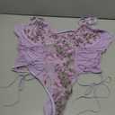 Lilosy Plus Size Women Sexy Lace Up Floral Embroidered Teddy Babydoll Lingerie Bodysuit Top Mesh Sheer One Piece See Through Butterfly Light Purple 3X-Large